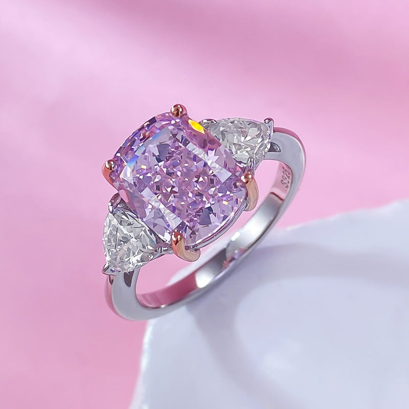 Crushed Ice Three Stone Pink Diamond Ring Silver Ring