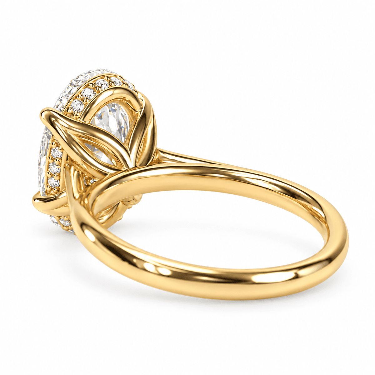 Side view of oval moissanite engagement ring with tulip setting and hidden halo