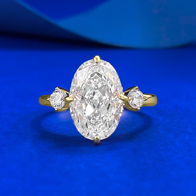 Three-Stone Oval Diamond Engagement Ring . Gold Plated Ring. Silver 925 Ring