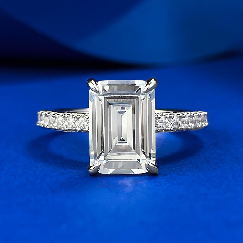 Silver 3 CT Emerald Cut Hidden Halo Ring