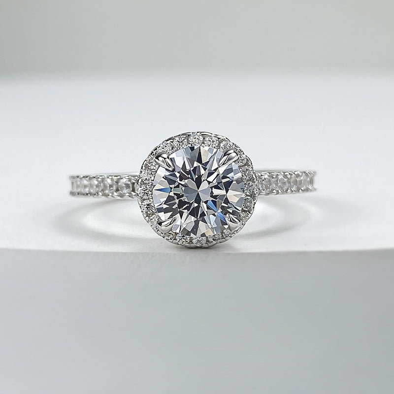Round Cut Halo Diamond Ring Silver 925
