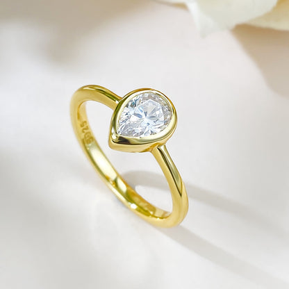 Bezel Set Pear Solitaire Ring. Silver 925