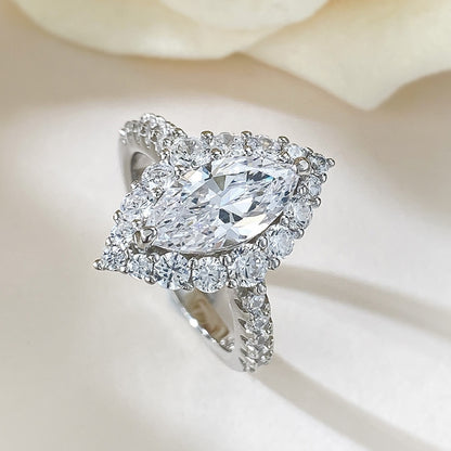 Marquise Halo Engagement Ring. Silver 925. White Gold Plated