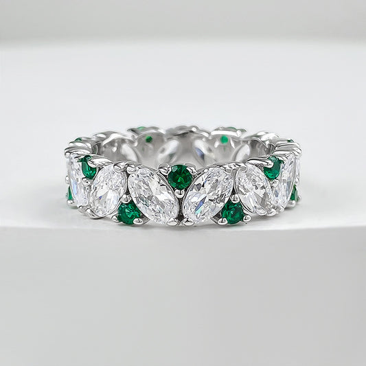Emerald Bloom Oval & Round Cut Eternity Ring. Silver 925