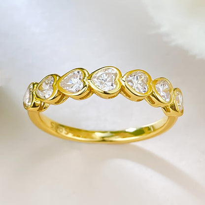 7 Stone Heart Bezel Diamond Anniversary Silver Ring 