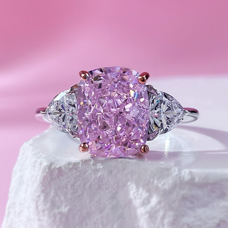 Crushed Ice Three Stone Pink Diamond Ring Silver 925 Ring
