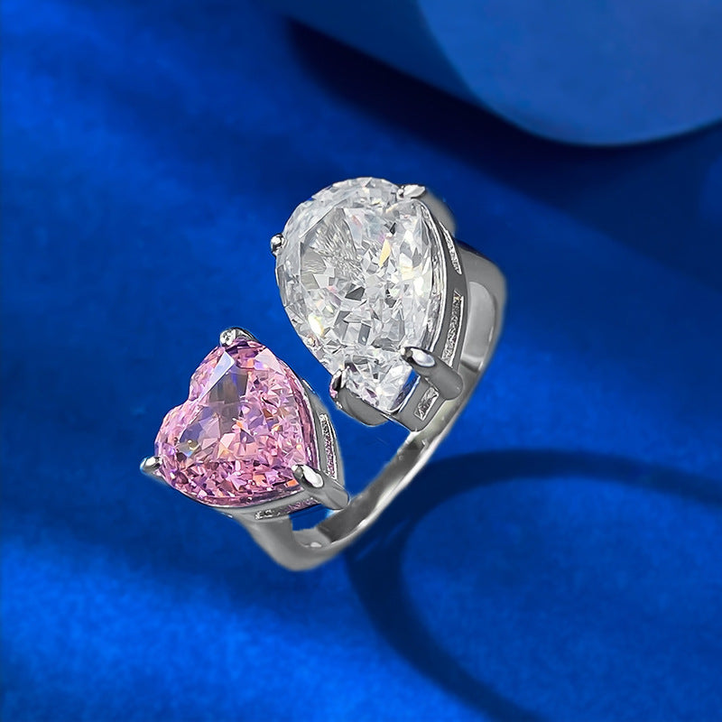 Toi et Moi Pink Heart & White Pear Diamond Ring. Silver 925 Ring