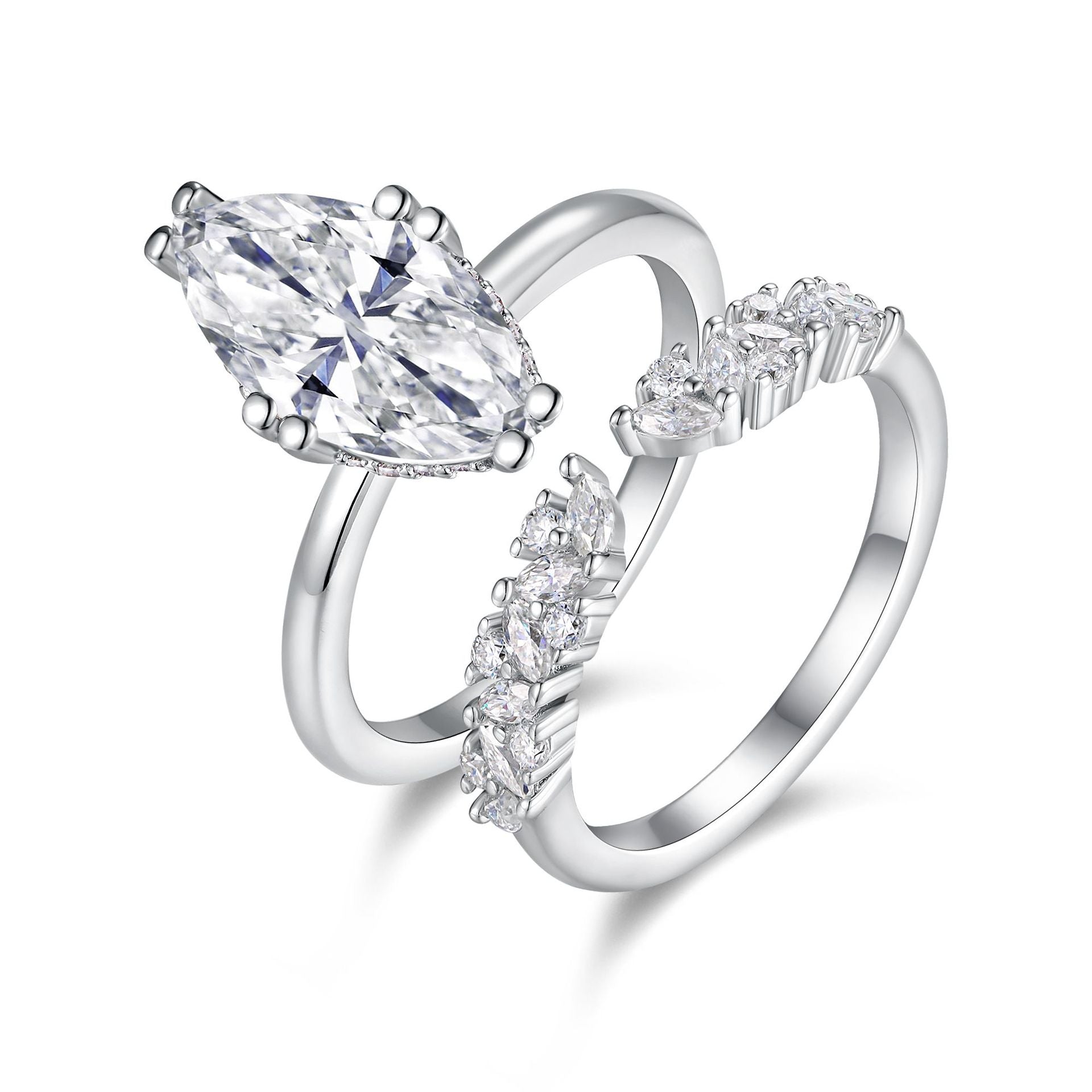 Marquise & Cluster Open Ring Set. White Gold Plated Ring Set