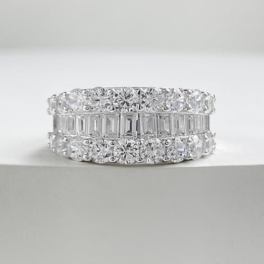 Emerald and Round Cut Diamond Band in White Gold