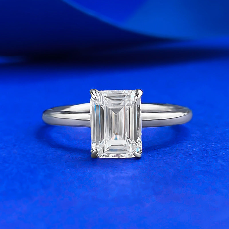 White Gold Plated Silver Emerald Cut Solitaire Ring