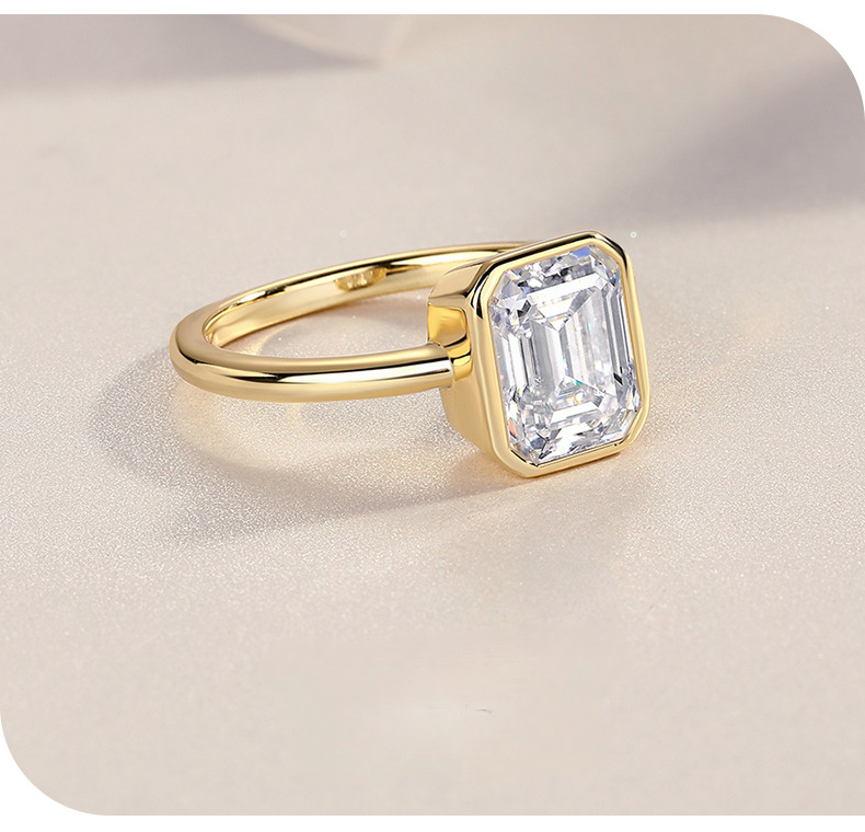 Silver 925. Gold Plated  Emerald Cut Moissanite Bezel Ring