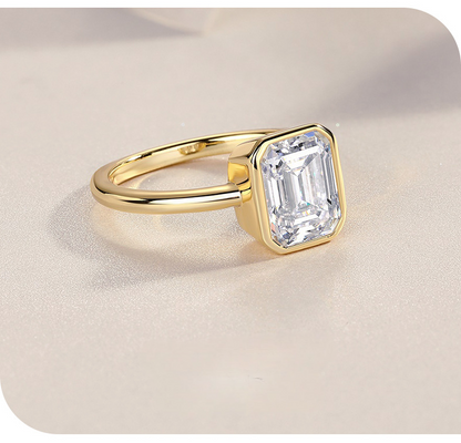 Silver 925. Gold Plated  Emerald Cut Moissanite Bezel Ring