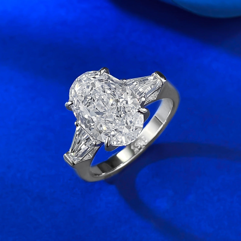 Silver 3 CT Oval Diamond Three-Stone Ring