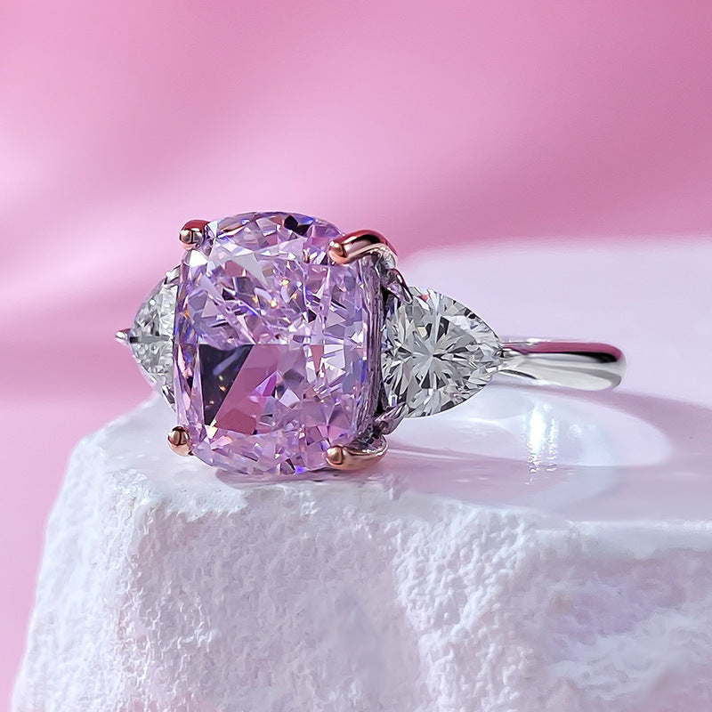 Crushed Ice Radiant Cut Three Stone Pink Diamond Ring 