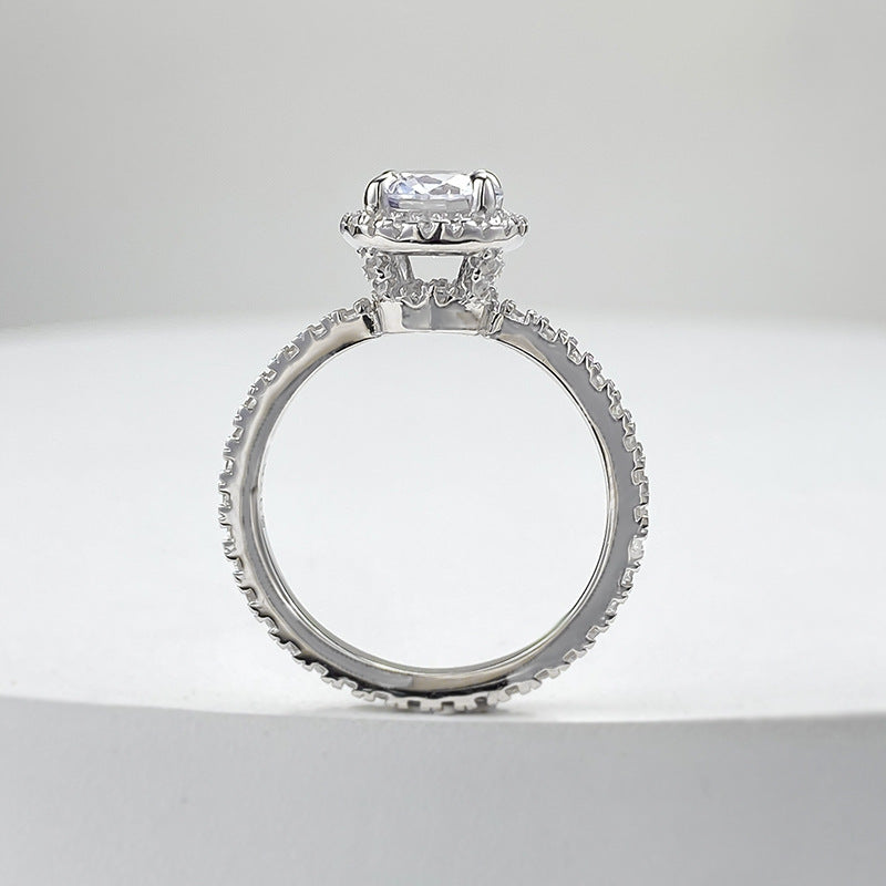 Round Cut Halo Diamond Ring. Pave Silver Ring