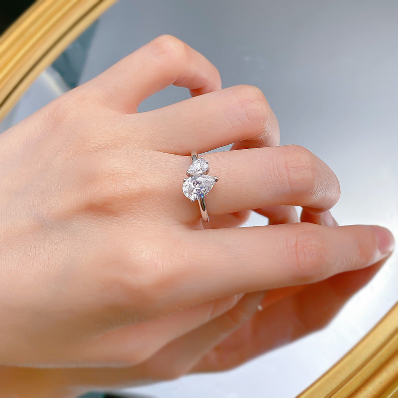 Double Pear Spark Ring. Silver 925. White Gold Plated. Travel Engagement Ring
