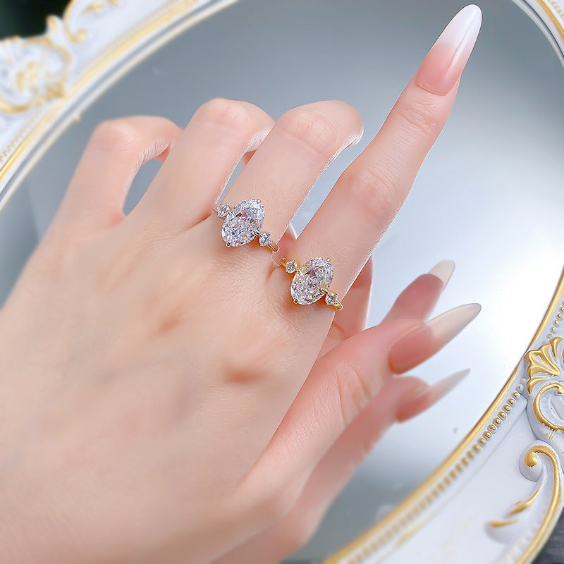 Three-Stone Oval Diamond Engagement Ring. Silver 925 Ring. White Gold and Gold Ring