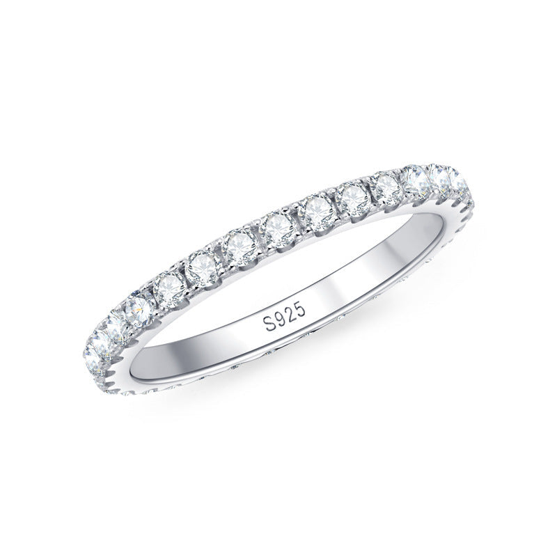 Dainty 2mm moissanite eternity band in white gold plated 925 sterling silver