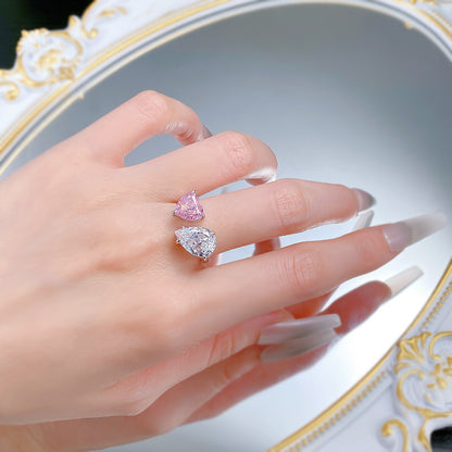 Toi et Moi Pink Heart & White Pear Diamond Ring. Travel Ring