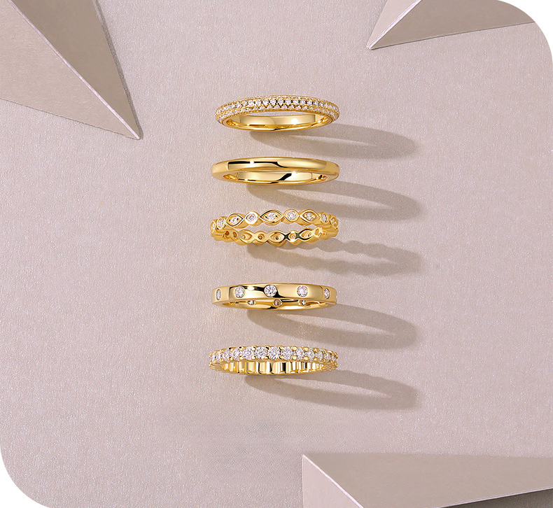 Golden Glow Moissanite Stack Set – 5 Rings. Silver RIngs