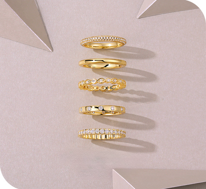 Golden Glow Moissanite Stack Set – 5 Rings. Silver RIngs