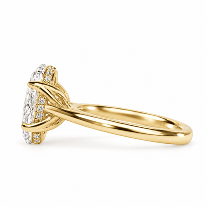 Back view of oval moissanite ring showing tulip petal setting and hidden halo