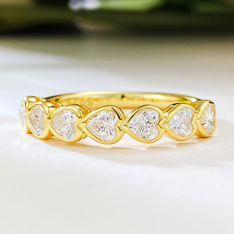 7 Stone Heart Bezel Diamond Anniversary Ring. Silver 925. Gold Plated Ring