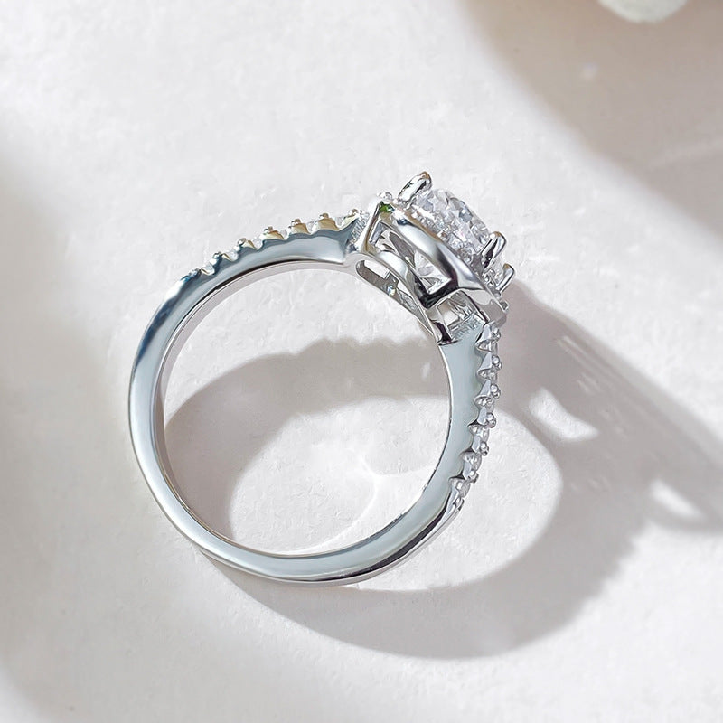 Oval Cut Halo Diamond Ring. Silver 925 White Gold Ring