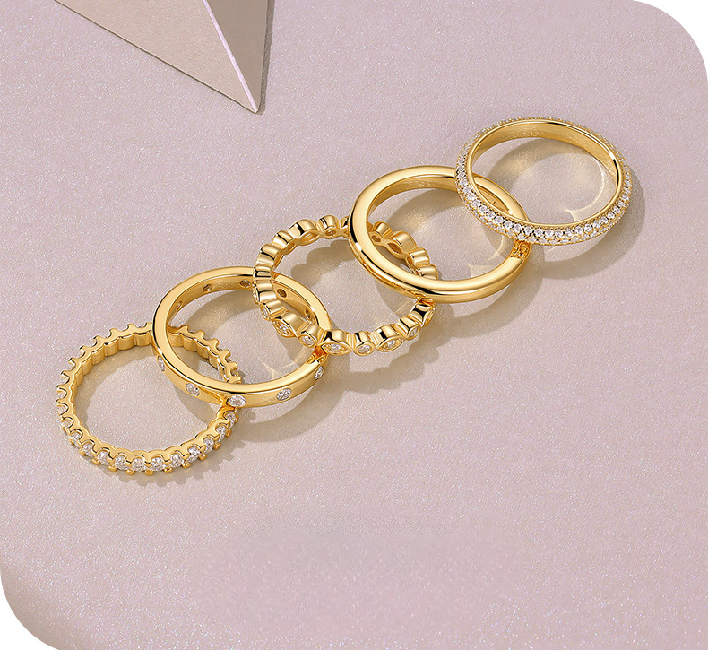 Silver Golden Glow Moissanite Stack Set – 5 Rings