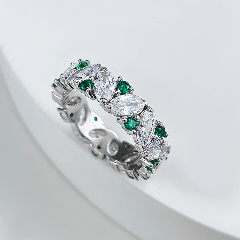 Emerald Bloom Oval & Round Cut Eternity Ring. White Gold Plated