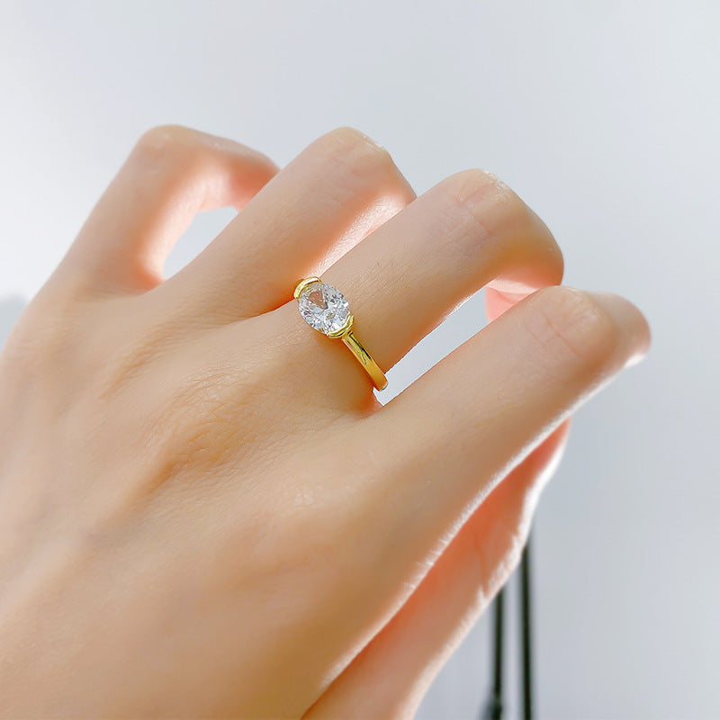 Half Bezel Oval Crushed Ice Ring. Gold Plated Ring