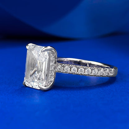 White Gold Plated 3 CT Emerald Cut Hidden Halo Ring