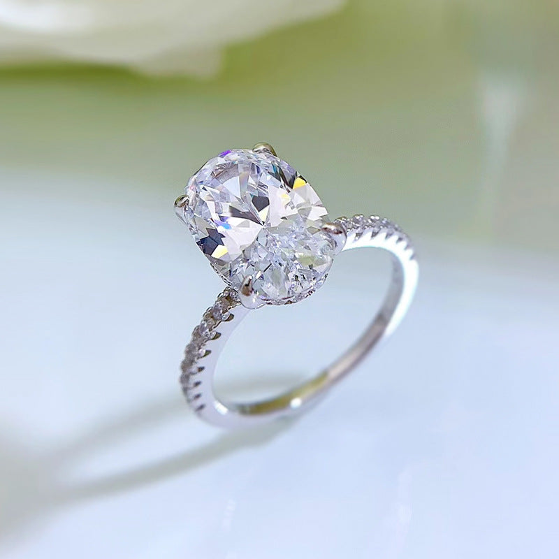 Crushed Ice Oval Cut Hidden Halo Ring Sterling Silver 925