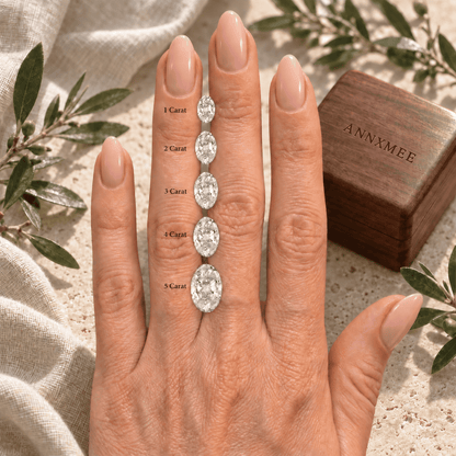 Oval moissanite stone size comparison showing 1, 2, 3, 4 and 5 carat options