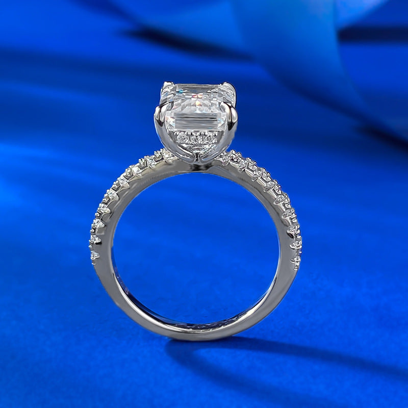 White Gold Plated Silver 3 CT Emerald Cut Hidden Halo Ring
