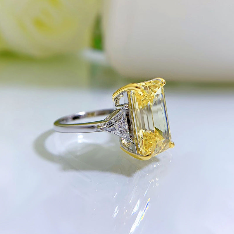 6.5 CT Emerald Cut Three-Stone Ring. Yellow Diamond Silver RIng