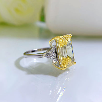6.5 CT Emerald Cut Three-Stone Ring. Yellow Diamond Silver RIng