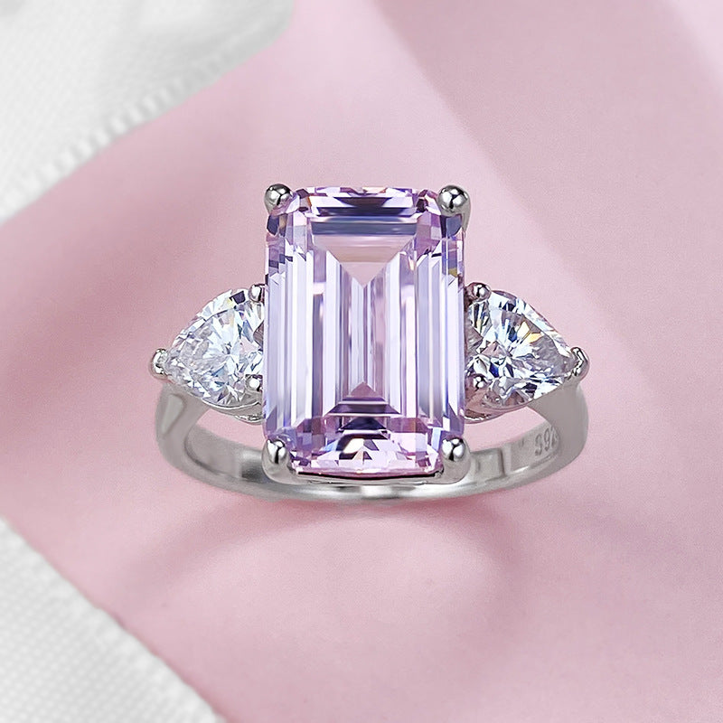 Pink 4 CT Emerald Cut Three-Stone Ring. Silver 925
