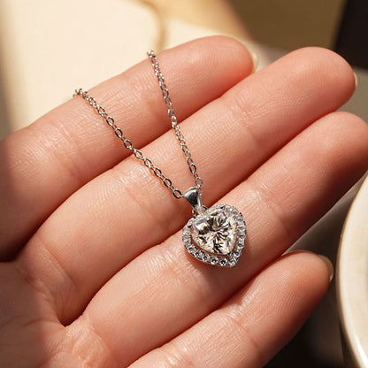 Moissanite Halo Heart Pendant Necklace, silver white gold plated