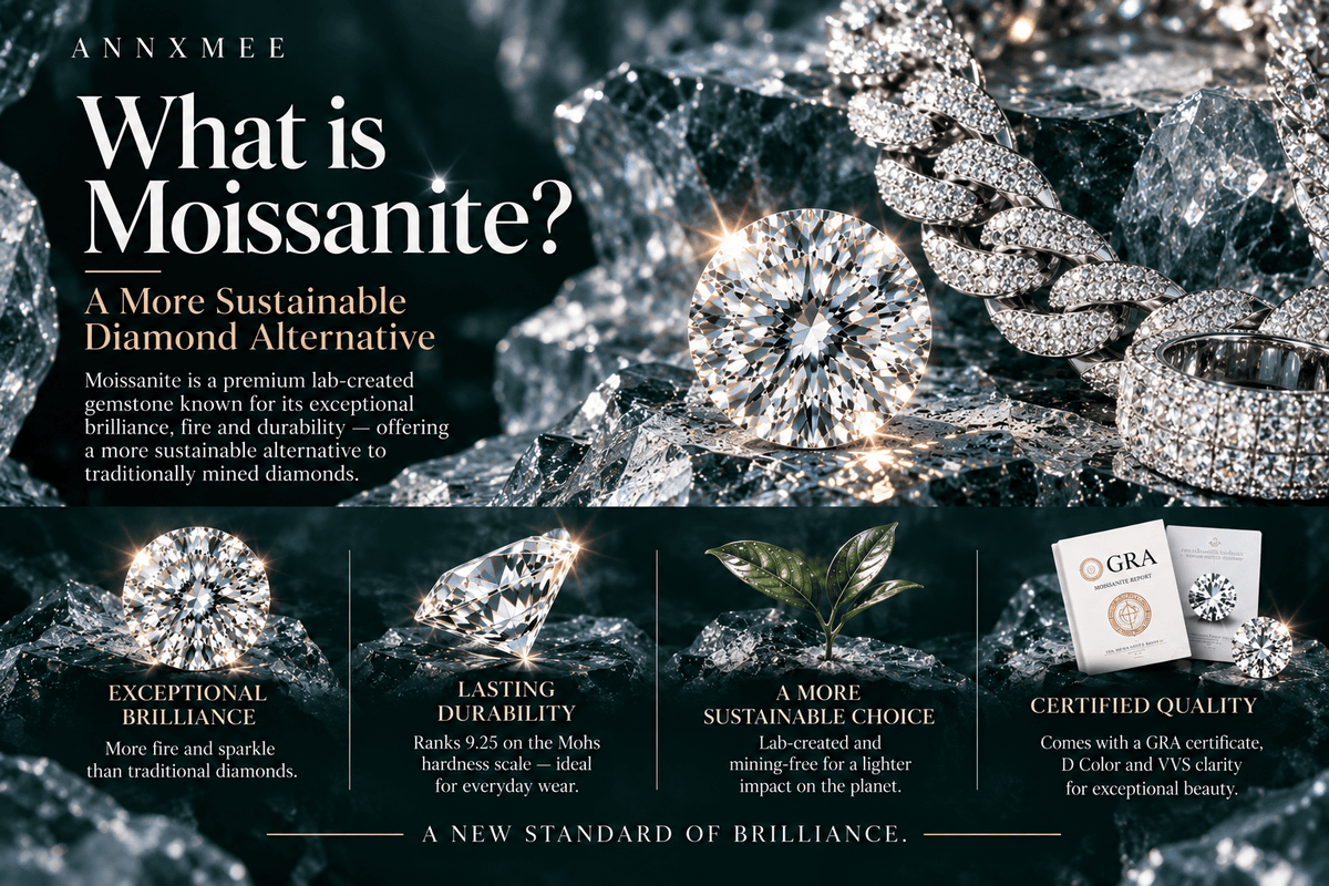 Promotional graphic for Moissanite by ANNXMEE, featuring a large moissanite gemstone, a chain of moissanite beads, and four feature panels highlighting exceptional brilliance, lasting durability, a sustainable choice, and certified quality.