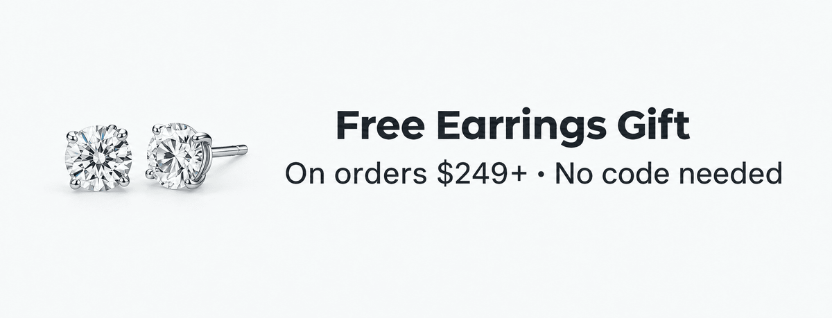 Promotional banner showing a pair of round-cut stud earrings on a light gray background with text reading 'Free Earrings Gift' and 'On orders $249+ • No code needed'. ANNXMEE