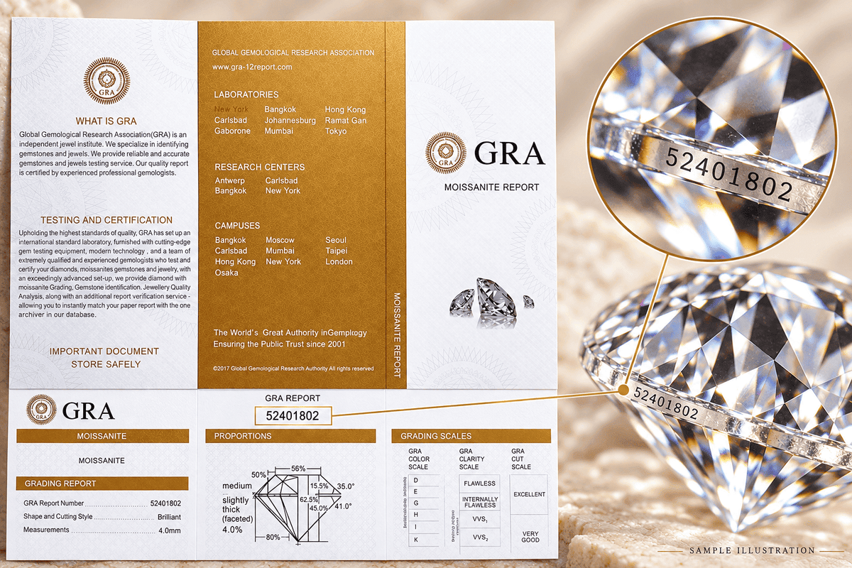 Sample GRA moissanite report beside an illustration of a stone with a matching laser-inscribed report number.