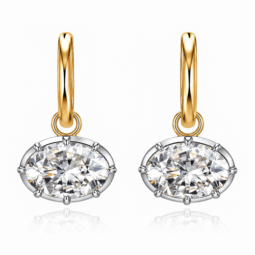 Pair of ANNXMEE Iconic two-tone hoop earrings with horizontal oval moissanite drops on a white background