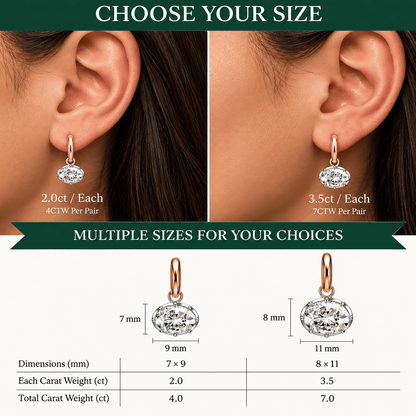 ANNXMEE Iconic earrings shown on an ear with labels for 4CTW per pair and 7CTW per pair
