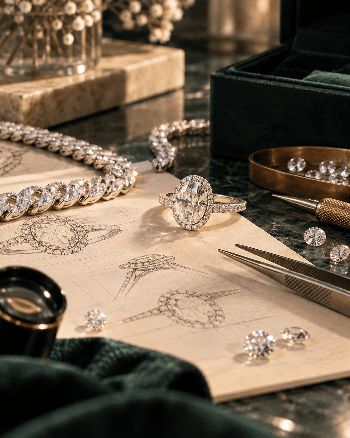 A close-up styled ANNXMEE Moissanite jewelry scene showing a silver-toned ring with a large oval clear gemstone and pavé setting, alongside other rings, loose diamonds, tweezers, a magnifying glass, sketch drawings, and dark velvet jewelry boxes on a dark marble surface.