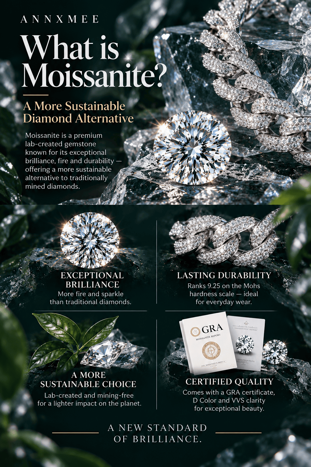 An informational marketing graphic for Moissanite by ANNXMEE, featuring a large close-up of sparkling moissanite crystals, a single round-cut moissanite gemstone, and several smaller inset images highlighting its exceptional brilliance, lasting durability, and certified quality. The text explains that moissanite is a more sustainable diamond alternative.
