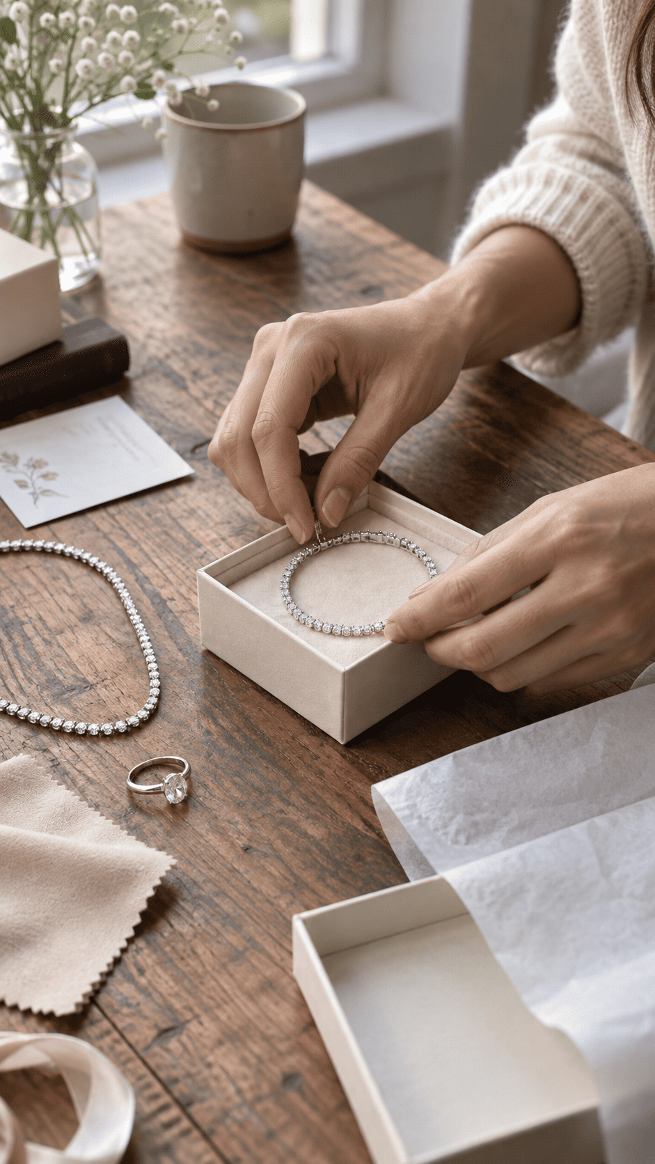 Woman carefully packaging a moissanite tennis bracelet with a tennis necklace and oval ring at the ANNXMEE jewelry workspace