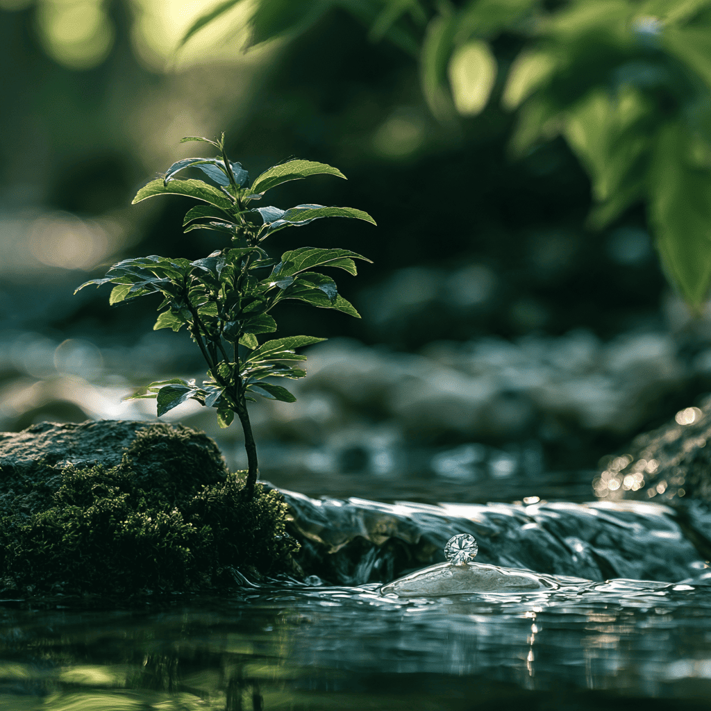 A small green plant growing on a mossy rock beside a flowing stream in a forest setting, with blurred foliage in the background. ANNXMEE