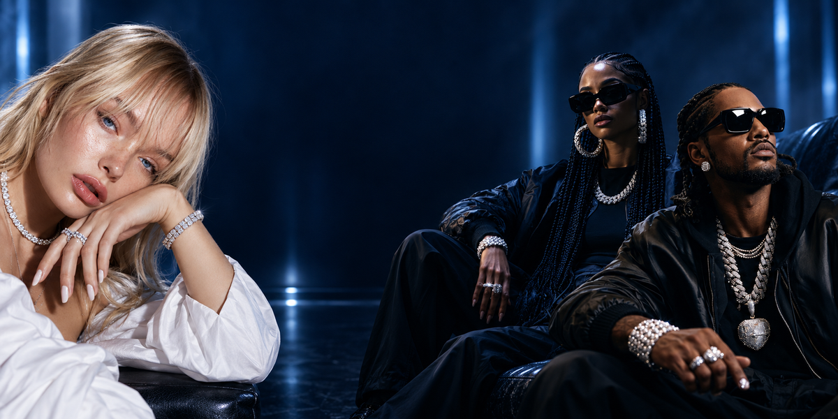 ANNXMEE models wearing sparkling moissanite tennis necklaces, bracelets, rings and Cuban link jewelry against a midnight blue backdrop.