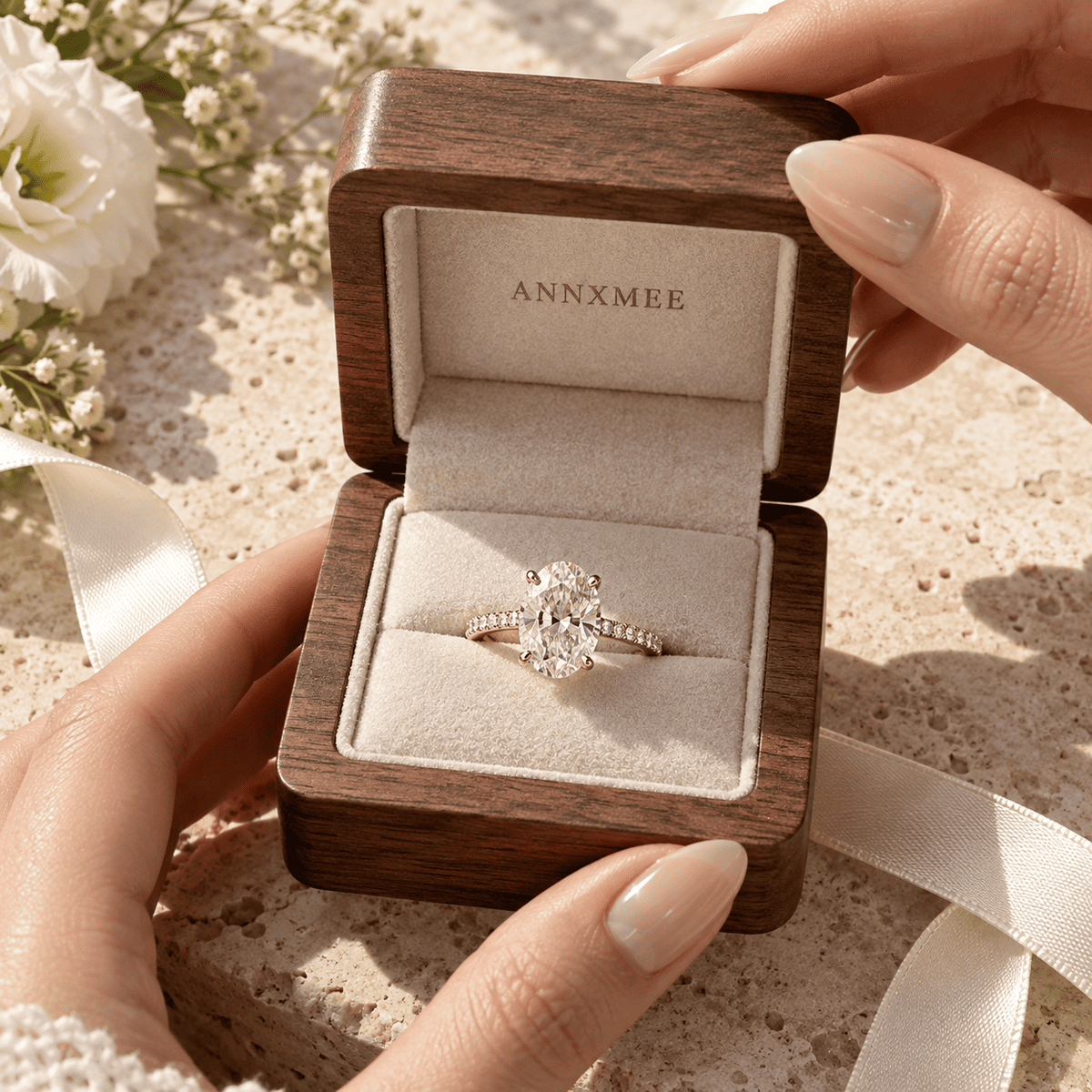 Oval-cut moissanite engagement ring in an ANNXMEE wooden jewelry box with elegant gift-ready packaging.